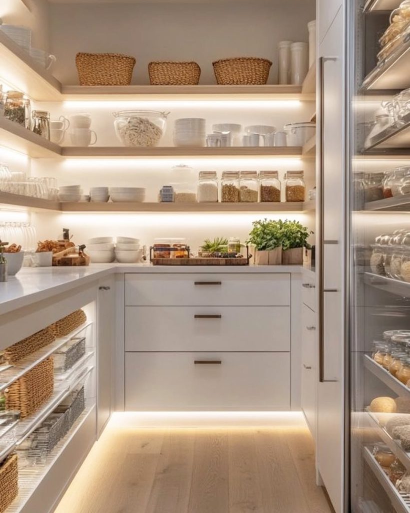 Lighting and finishes that visually open up a narrow walk in pantry