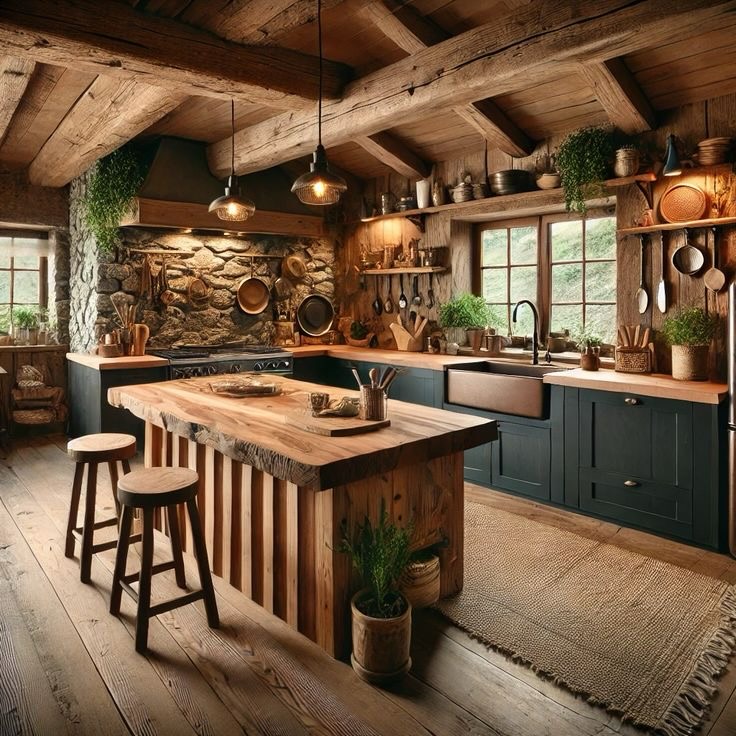 Rustic wood kitchen designs with industrial black accents