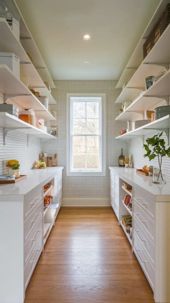.Walk-In Pantry Layout with a Window Bringing in Natural Daylight