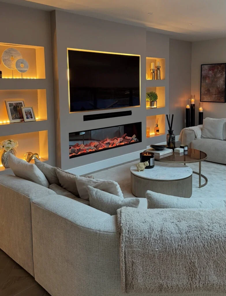 Cozy Living Room TV Walls with Fireplace as the Main Focus